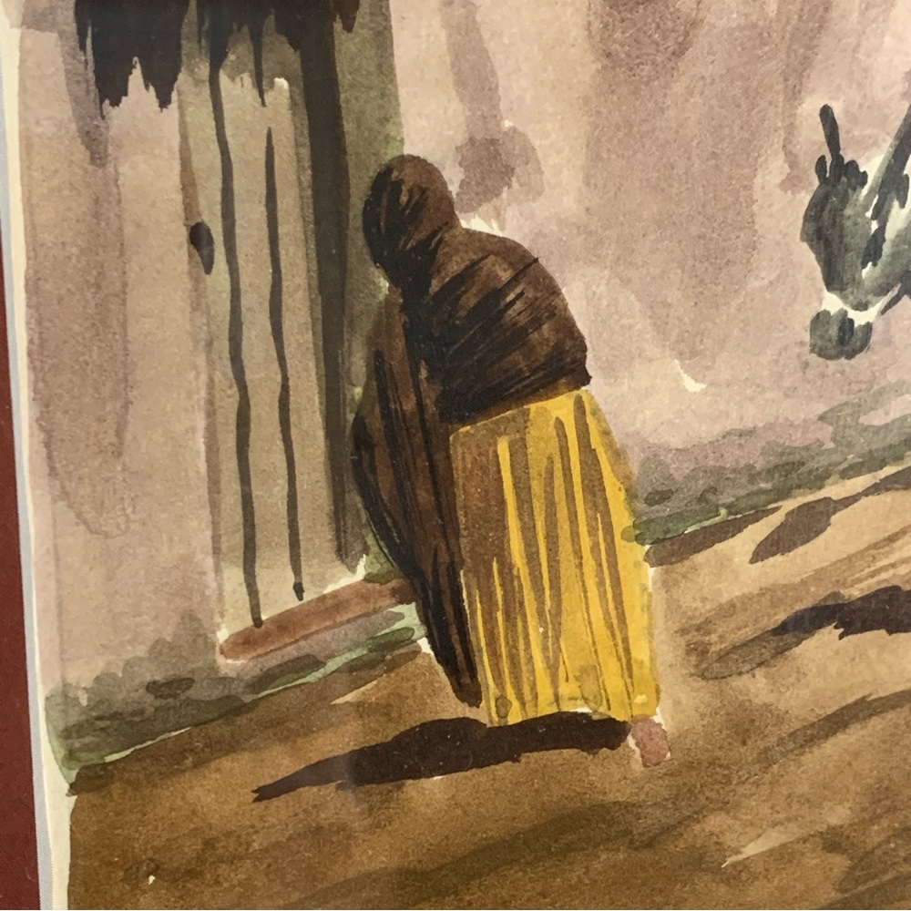 2 Framed Watercolors Signed Mexico Cruz #1 Man Woman 2 Donkey Pink Flower House - Picture 4 of 16